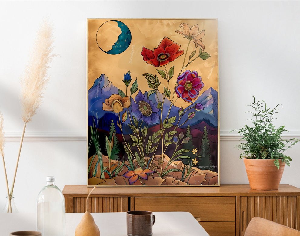 Whimsical Flowers and Moon Art Print
