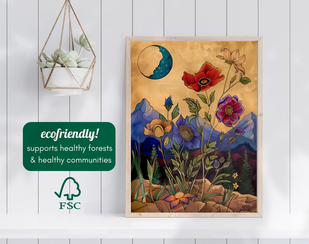Whimsical Flowers and Moon Art Print