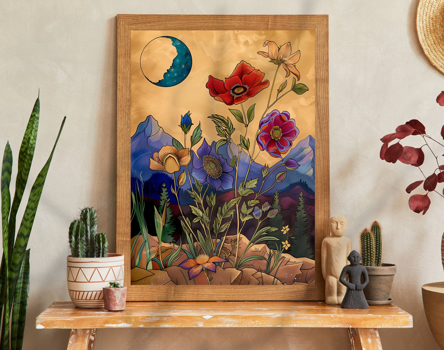 Whimsical Flowers and Moon Art Print