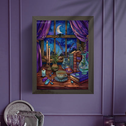 A Witch's View - Cozy Halloween Print - Vintage Halloween Decor - Vintage Witch Art - Magical Wall Art - Dark Academia - Dark Cottagecore
