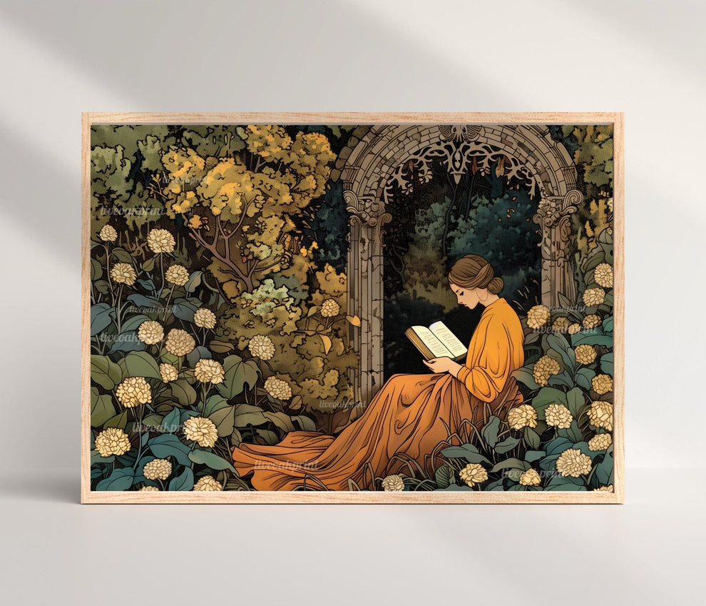 Woman Reading in Garden Wall Art – Cottagecore Fairycore Decor, Bookish Library Print, Whimsical Reading Nook Art, Gift for Her