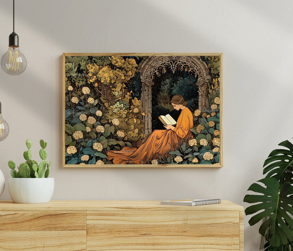 Woman Reading in Garden Wall Art – Cottagecore Fairycore Decor, Bookish Library Print, Whimsical Reading Nook Art, Gift for Her