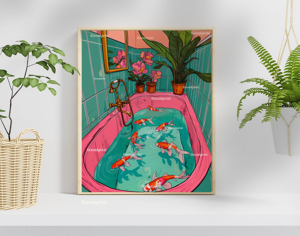 Koi Fish Swimming in a Retro Bathtub Print
