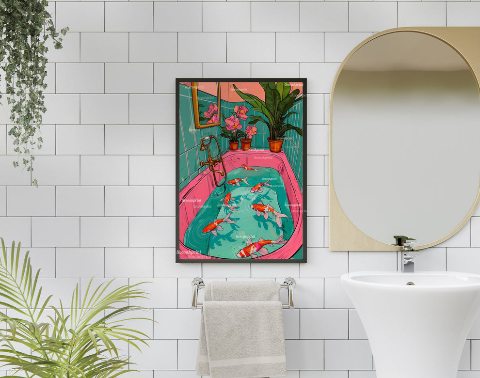 Koi Fish Swimming in a Retro Bathtub Print