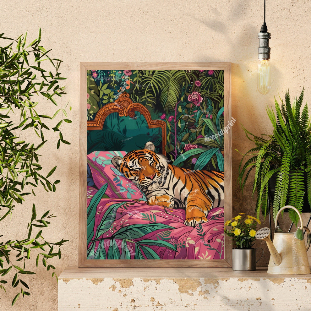 Sleeping Tiger in Bed Art Print – Maximalist Jungle Wall Art, Bold Animal Decor, Tiger Bedroom Poster, Rest Aesthetic, Gift for Her
