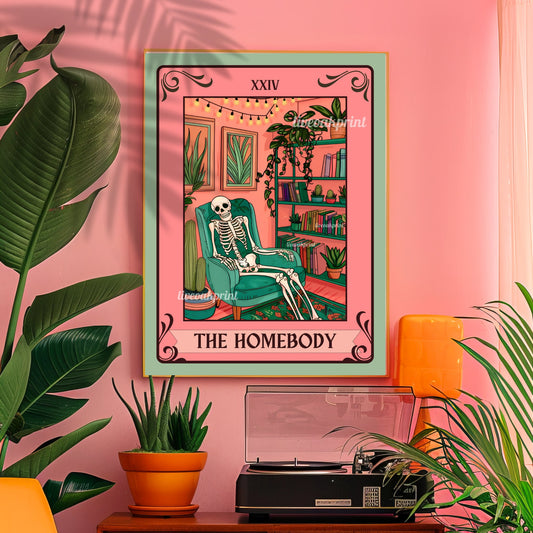 The Homebody Tarot Card - The Homebody Club Print - Spooky Print - Living Room Print - Cute Skeleton Print - Cute Spooky Print - Tarot Card