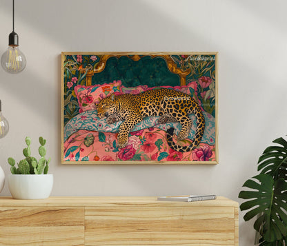 Sleepy Leopard in a Vintage Bed - Wall Art
