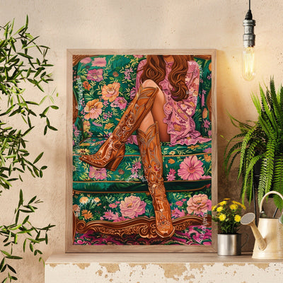 Maximalist Woman in Cowgirl Boots Print
