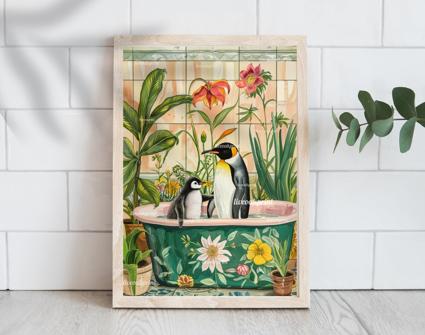 Mama and Baby Penguin Take A Bath! - Penguin in a Bathtub Print - Cute Bathroom Art - Kids Bathroom Print