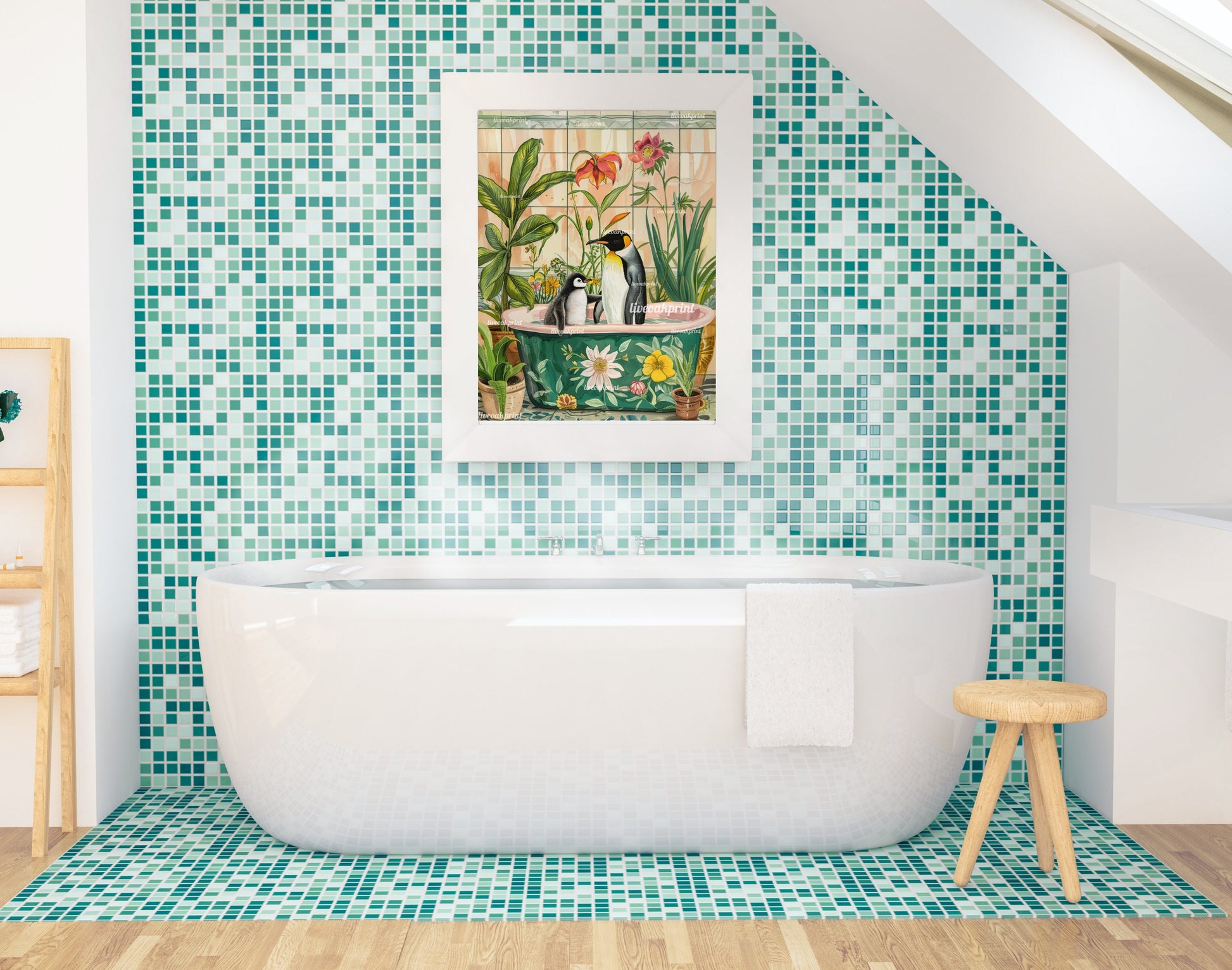 Mama and Baby Penguin Take A Bath! - Penguin in a Bathtub Print - Cute Bathroom Art - Kids Bathroom Print