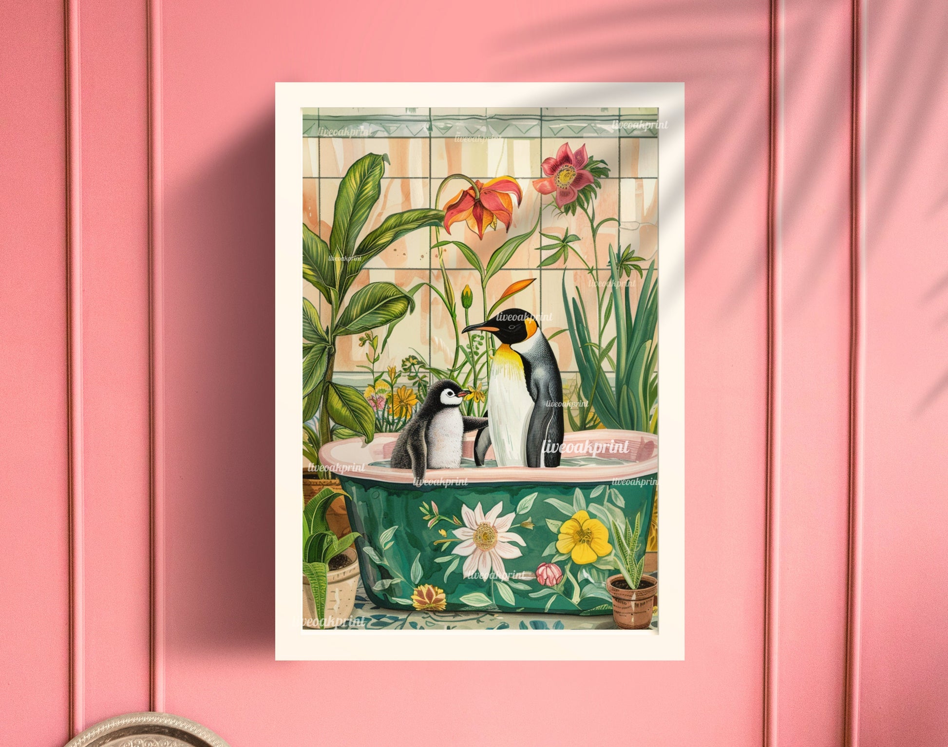 Mama and Baby Penguin Take A Bath! - Penguin in a Bathtub Print - Cute Bathroom Art - Kids Bathroom Print