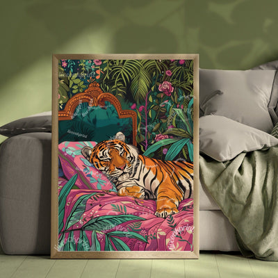 Sleeping Tiger in Bed Art Print – Maximalist Jungle Wall Art, Bold Animal Decor, Tiger Bedroom Poster, Rest Aesthetic, Gift for Her