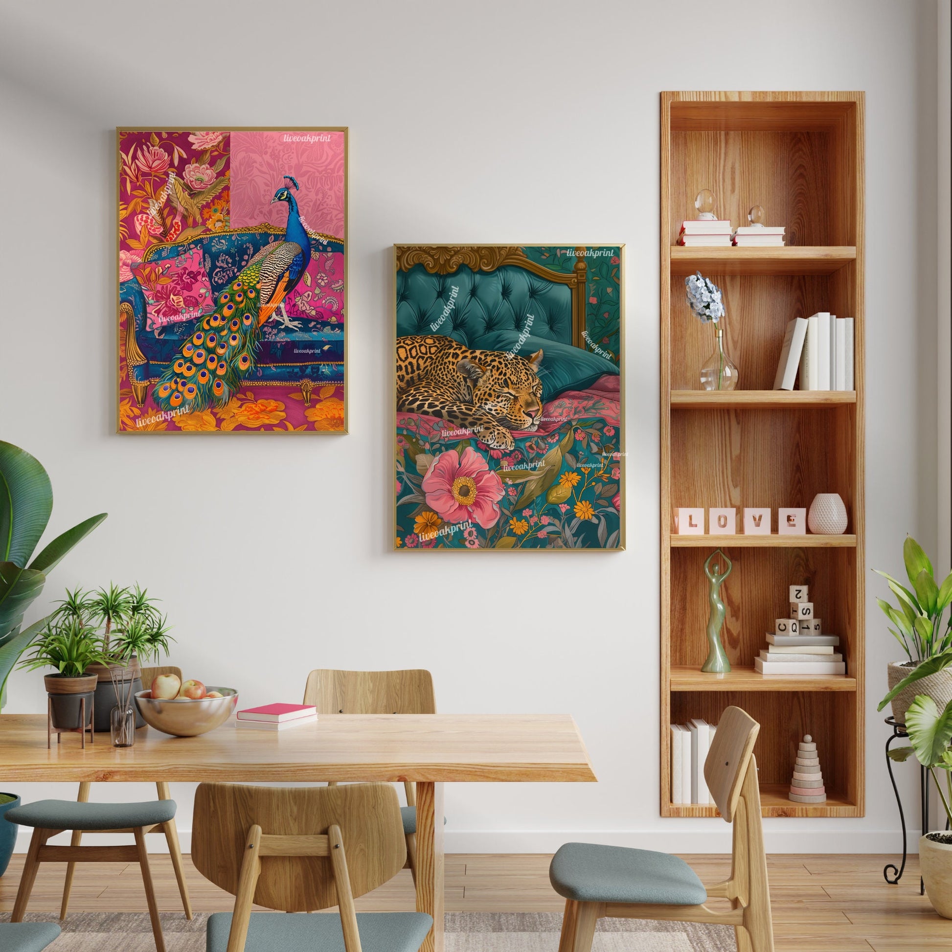 Peacock on a Sofa Print - Peacock Wall Art - Maximalist Living Room - Pink Maximalist Print Luxury Wall Art - Tropical Living Room Decor