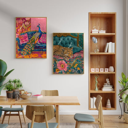 Peacock on a Sofa Print - Peacock Wall Art - Maximalist Living Room - Pink Maximalist Print Luxury Wall Art - Tropical Living Room Decor