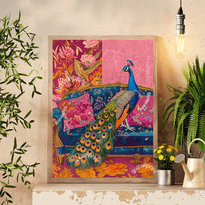 Peacock on a Sofa Print - Peacock Wall Art - Maximalist Living Room - Pink Maximalist Print Luxury Wall Art - Tropical Living Room Decor