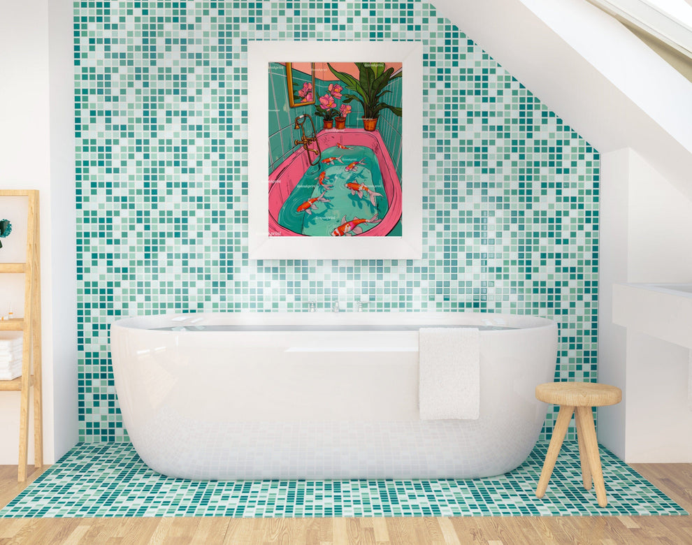 Koi Fish Swimming in a Retro Bathtub Print