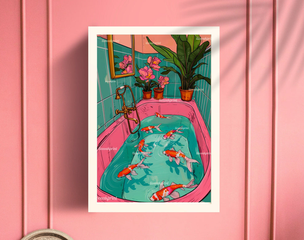 Koi Fish Swimming in a Retro Bathtub Print
