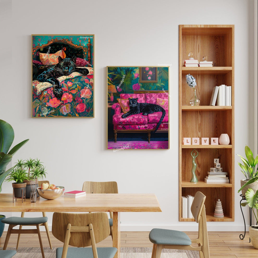 Black Leopard Lounging on a Luxury Sofa Wall Art Print