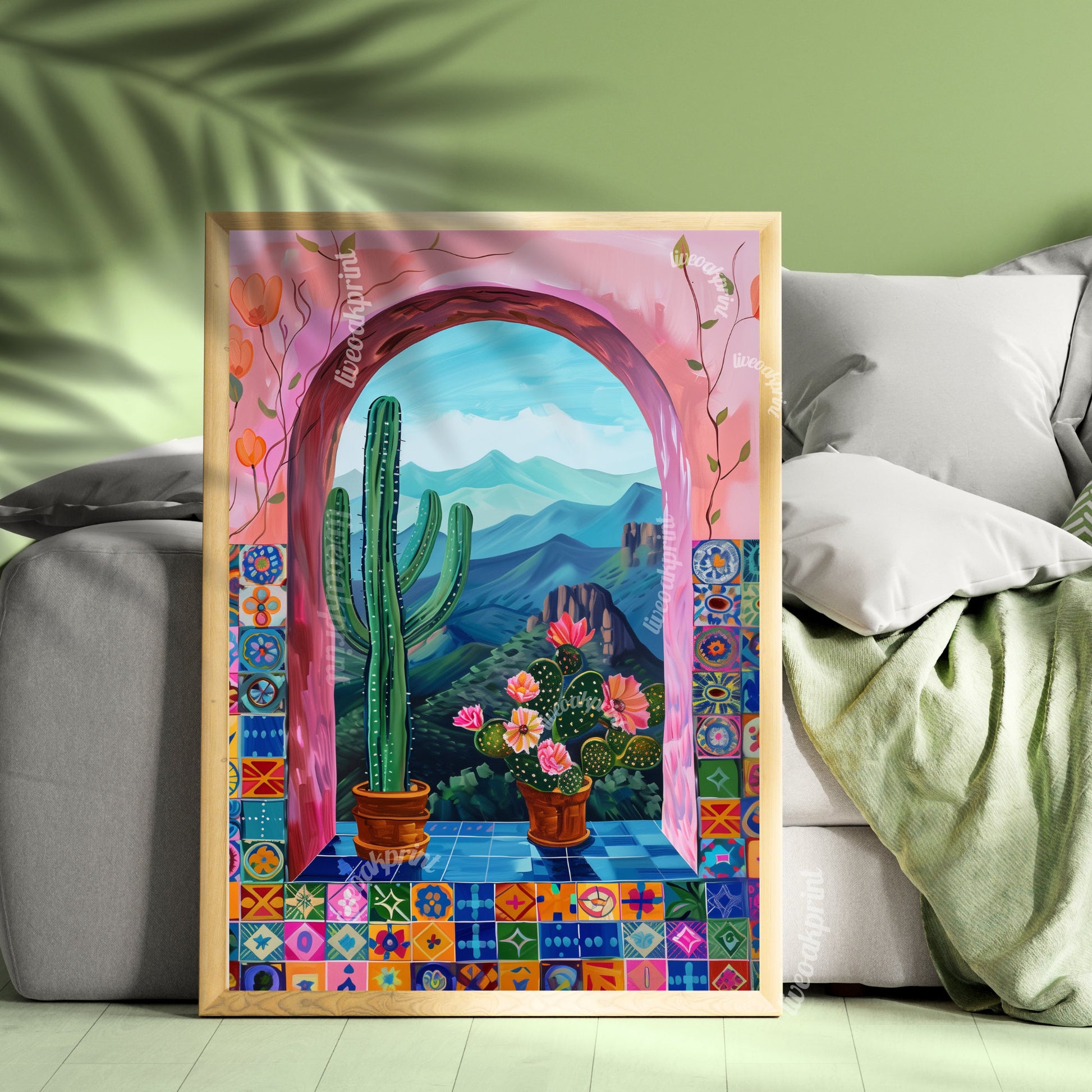 Mexican Cactus Print - Mexico Nature Scenery and Tiles Print - Boho Wall Art - Cactus Wall Art - Cactus Decor - Boho Cactus Print - Pink