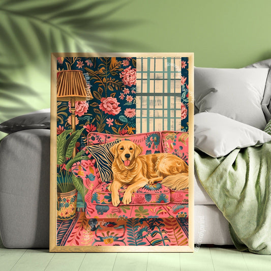 Golden Retriever Lounging on a Luxury Sofa