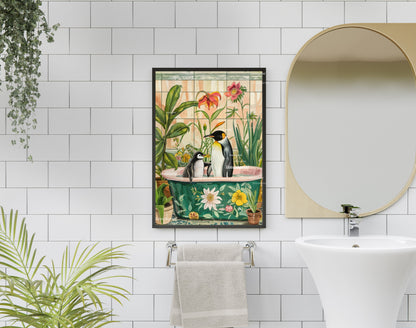 Mama and Baby Penguin Take A Bath! - Penguin in a Bathtub Print - Cute Bathroom Art - Kids Bathroom Print