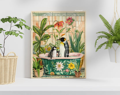 Mama and Baby Penguin Take A Bath! - Penguin in a Bathtub Print - Cute Bathroom Art - Kids Bathroom Print