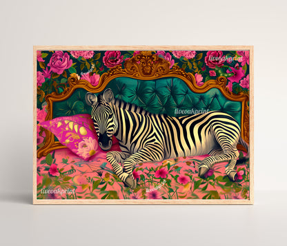 Sleeping Zebra Print - Zebra Bedroom - Maximalist Wall Art - Zebra Tiger Print - Vintage Wall Art - Grandmillenial Style