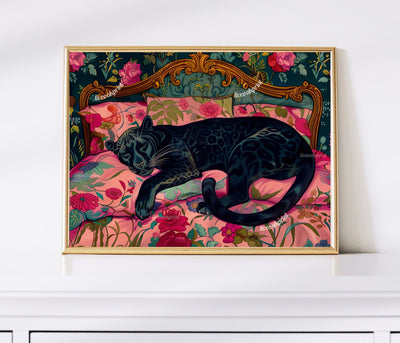 Sleepy Black Panther In a Vintage Bed