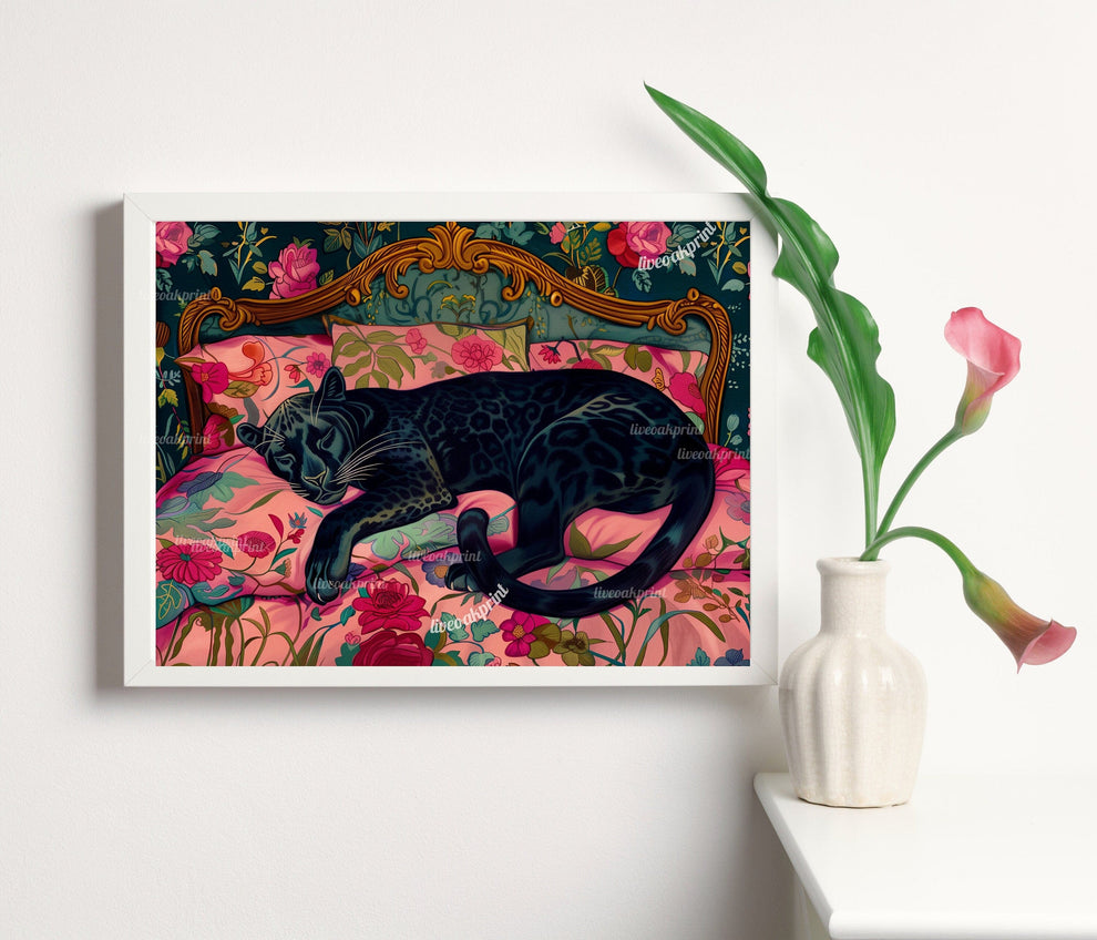 Sleepy Black Panther In a Vintage Bed