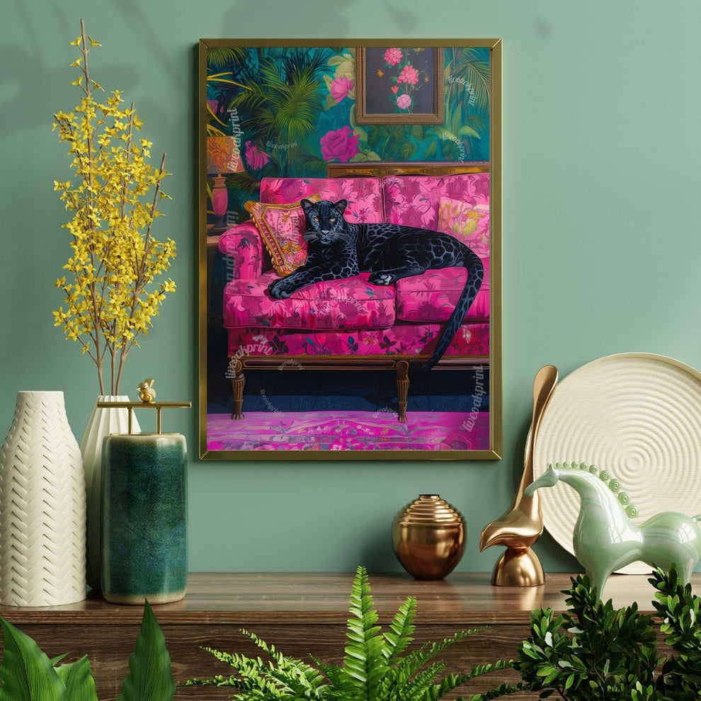 Black Leopard Lounging on a Luxury Sofa Wall Art Print