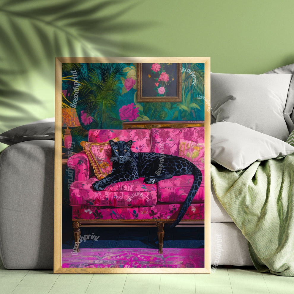 Black Leopard Lounging on a Luxury Sofa Wall Art Print