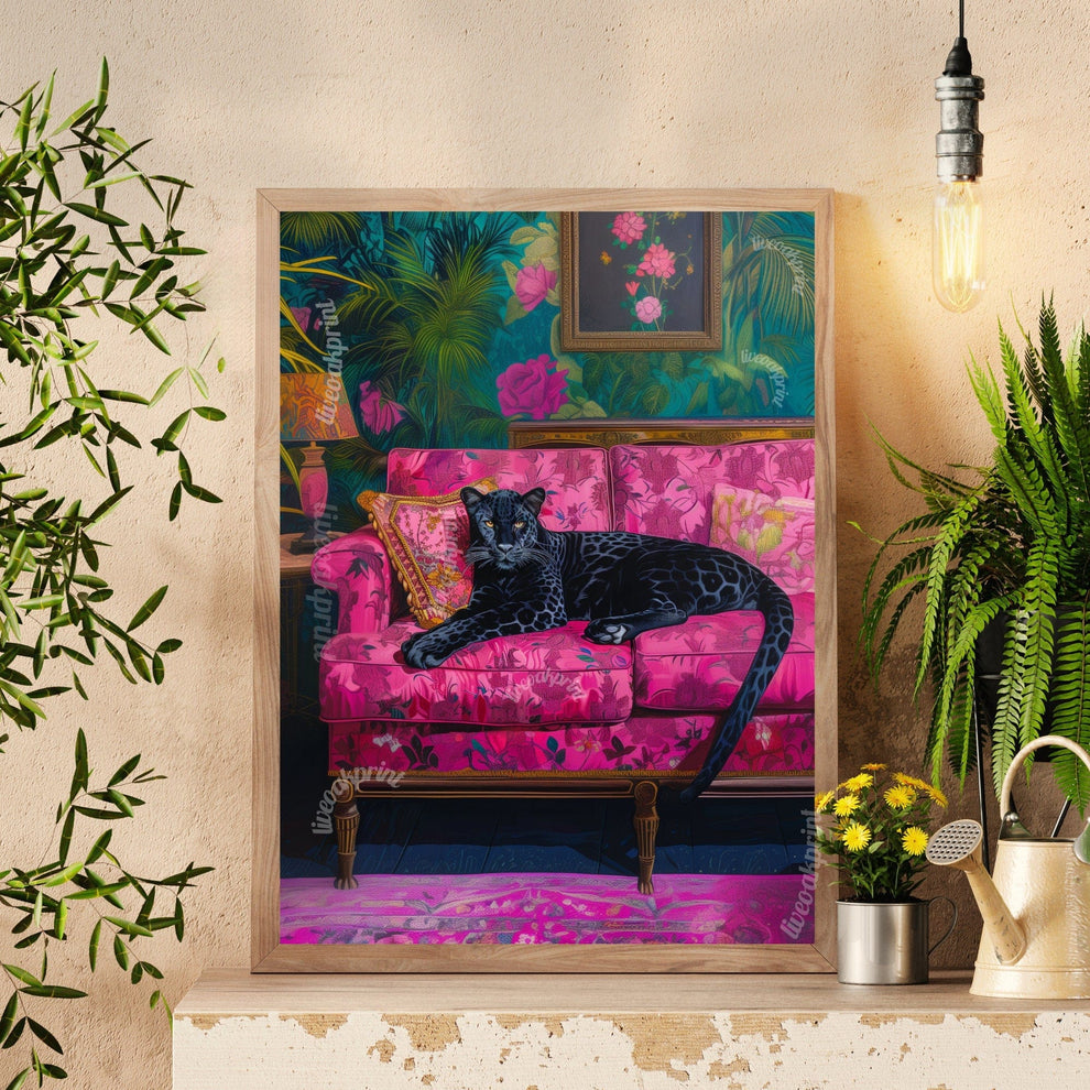 Black Leopard Lounging on a Luxury Sofa Wall Art Print