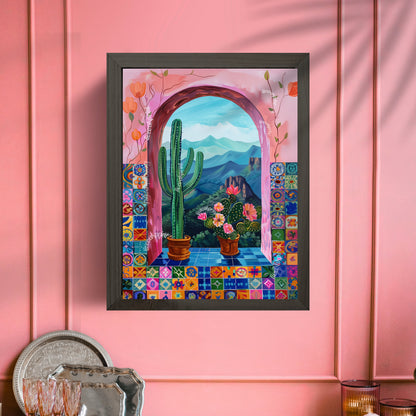 Mexican Cactus Print - Mexico Nature Scenery and Tiles Print - Boho Wall Art - Cactus Wall Art - Cactus Decor - Boho Cactus Print - Pink