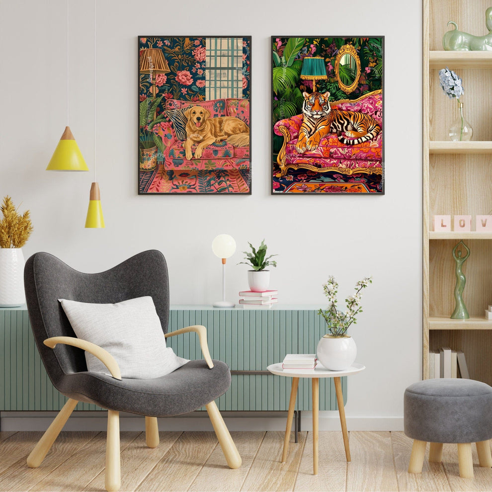 Golden Retriever Lounging on a Luxury Sofa