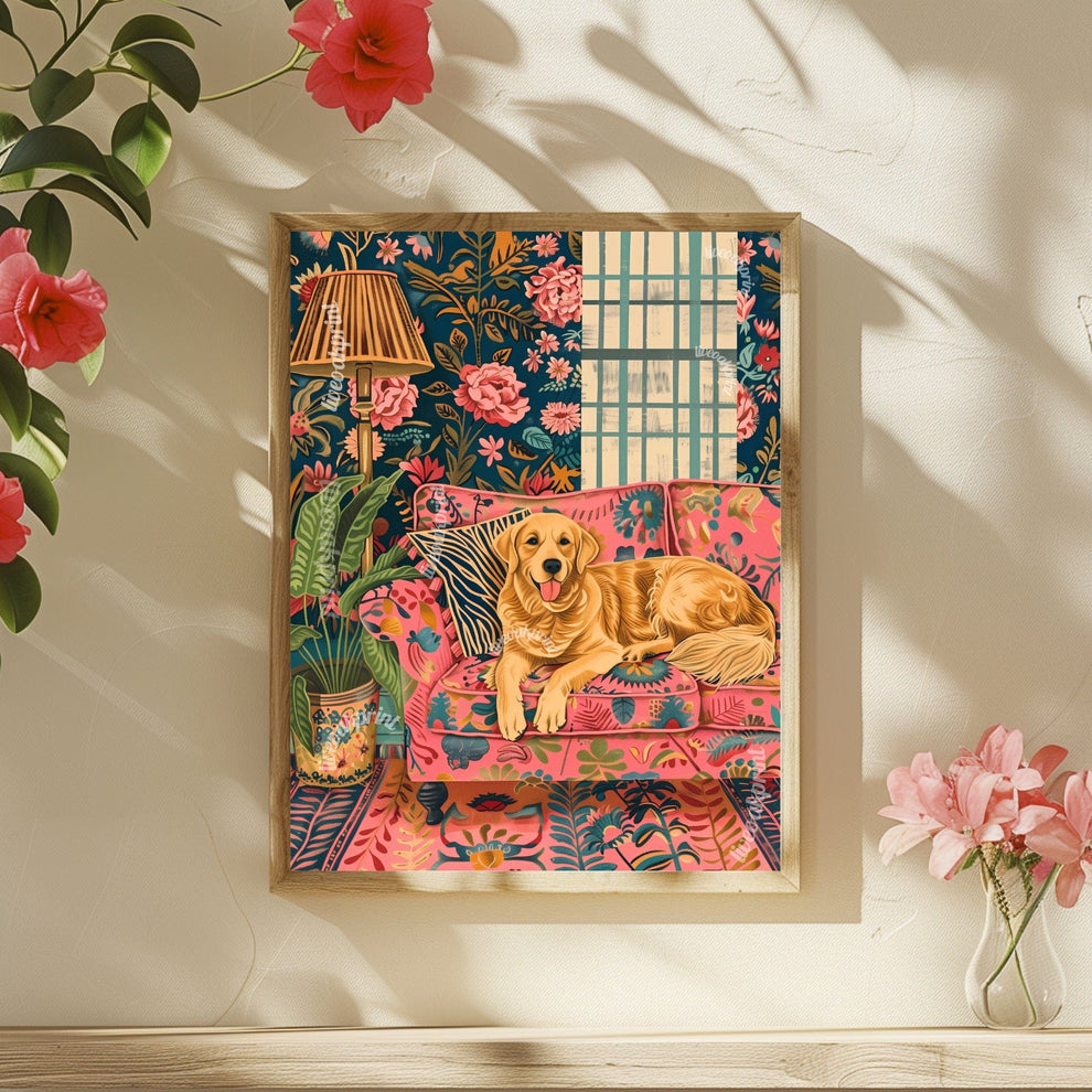 Golden Retriever Lounging on a Luxury Sofa