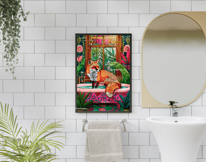 Fox in a Bathtub Print - Fox Bathroom Print - Fox Wall Art - Maximalist Bathroom Print - Maximalist Fox Print - Eclectic Bathroom Deco