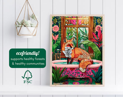 Fox in a Bathtub Print - Fox Bathroom Print - Fox Wall Art - Maximalist Bathroom Print - Maximalist Fox Print - Eclectic Bathroom Deco