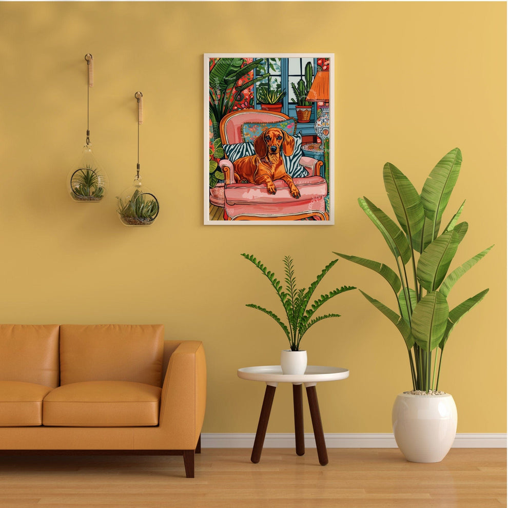 Wiener Dog Lounging on a Luxury Sofa