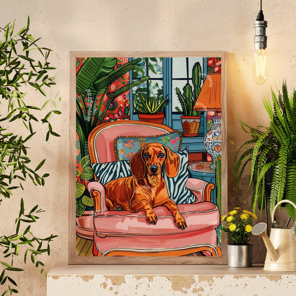 Wiener Dog Lounging on a Luxury Sofa