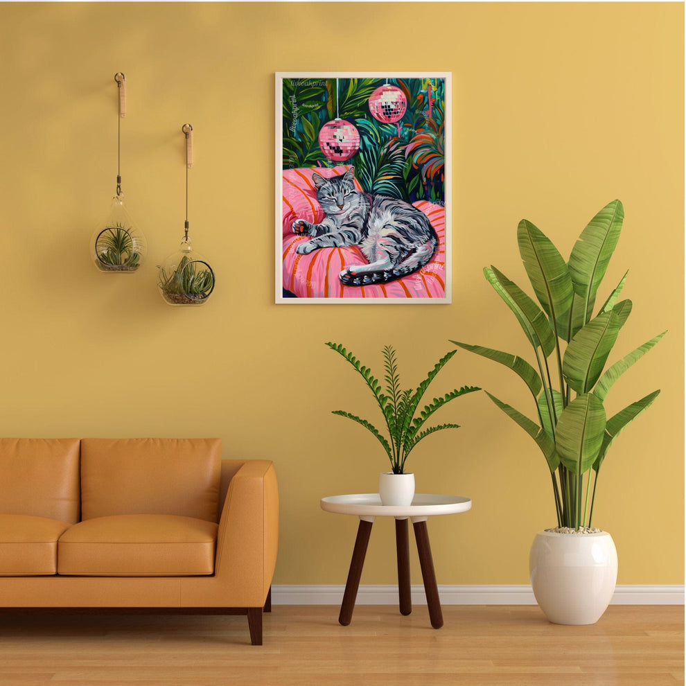 Cozy Gray Tabby Cat Print – Disco Ball Wall Art – Boho Cat Poster – Green Pink Bedroom Decor – Eclectic Discocore Aesthetic Gray Cat