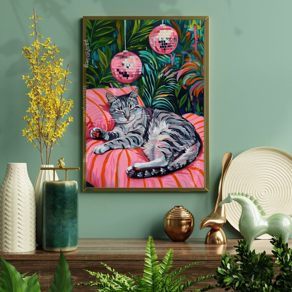 Cozy Gray Tabby Cat Print – Disco Ball Wall Art – Boho Cat Poster – Green Pink Bedroom Decor – Eclectic Discocore Aesthetic Gray Cat