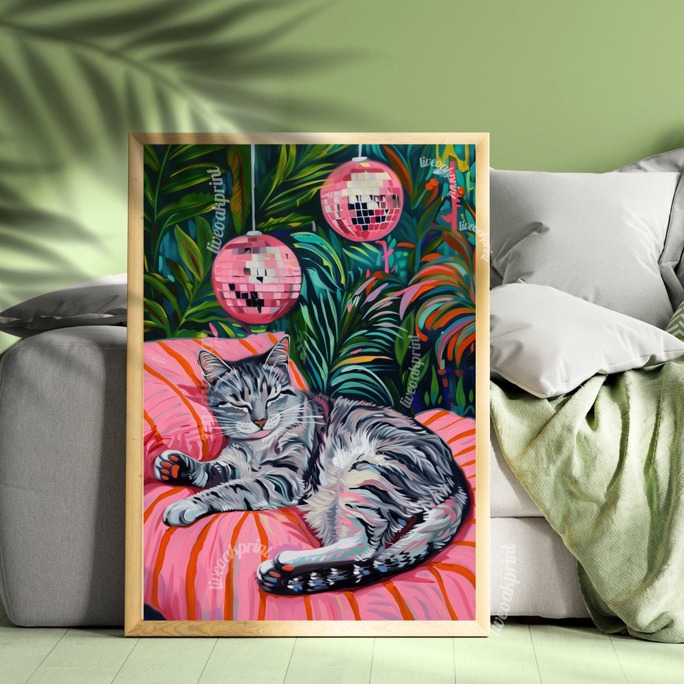 Cozy Gray Tabby Cat Print – Disco Ball Wall Art – Boho Cat Poster – Green Pink Bedroom Decor – Eclectic Discocore Aesthetic Gray Cat