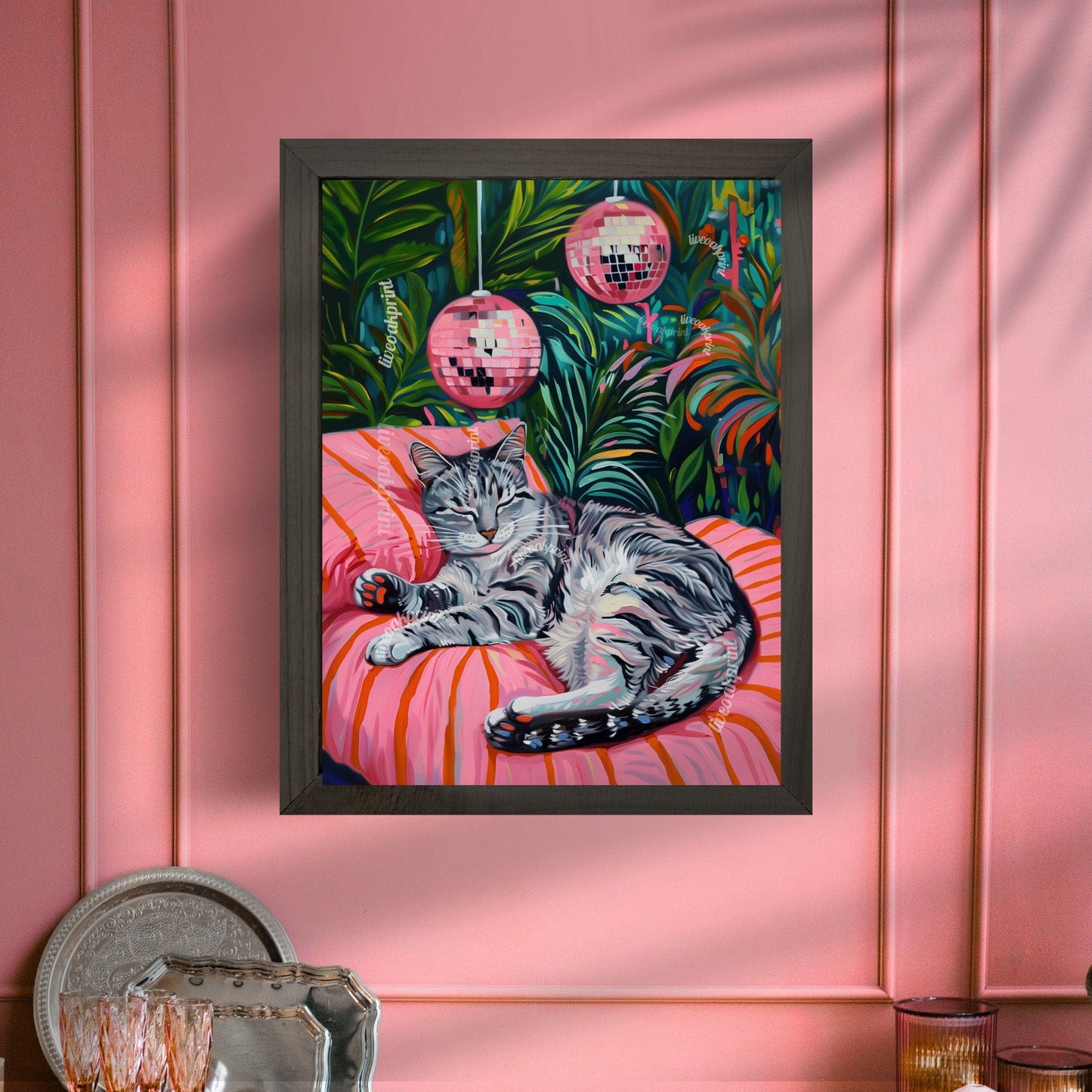 Cozy Gray Tabby Cat Print – Disco Ball Wall Art – Boho Cat Poster – Green Pink Bedroom Decor – Eclectic Discocore Aesthetic Gray Cat