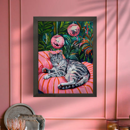 Cozy Gray Tabby Cat Print – Disco Ball Wall Art – Boho Cat Poster – Green Pink Bedroom Decor – Eclectic Discocore Aesthetic Gray Cat