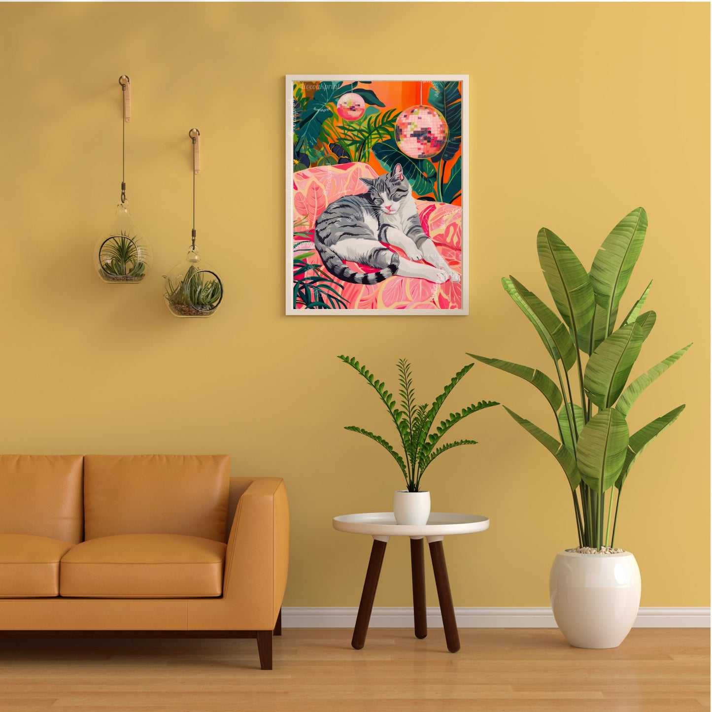 Cozy Disco Gray and White Cat - Disco Cat - Gray Striped Cat Print - Disco Ball Cat Print - Boho Wall Art- Eclectic Bedroom Art -
