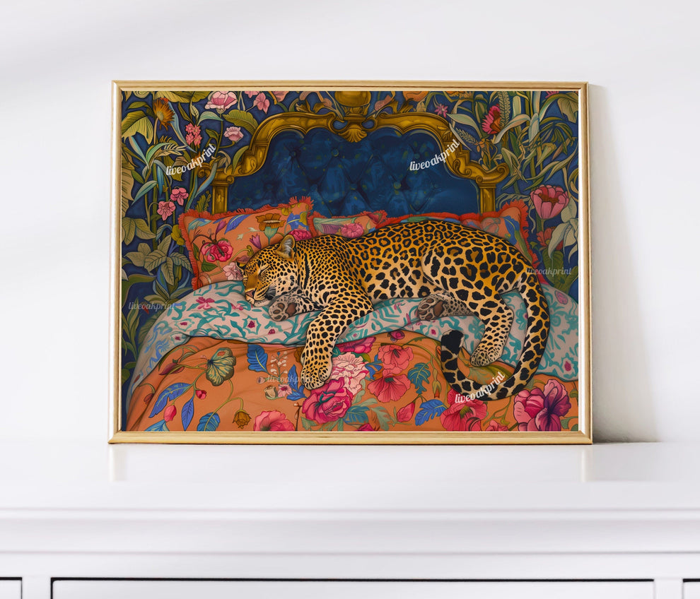 Blue & Terracotta Sleepy Leopard In a Vintage Bed
