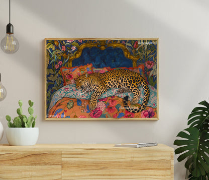 Blue & Terracotta Sleepy Leopard In a Vintage Bed