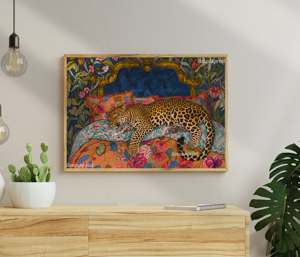 Blue & Terracotta Sleepy Leopard In a Vintage Bed