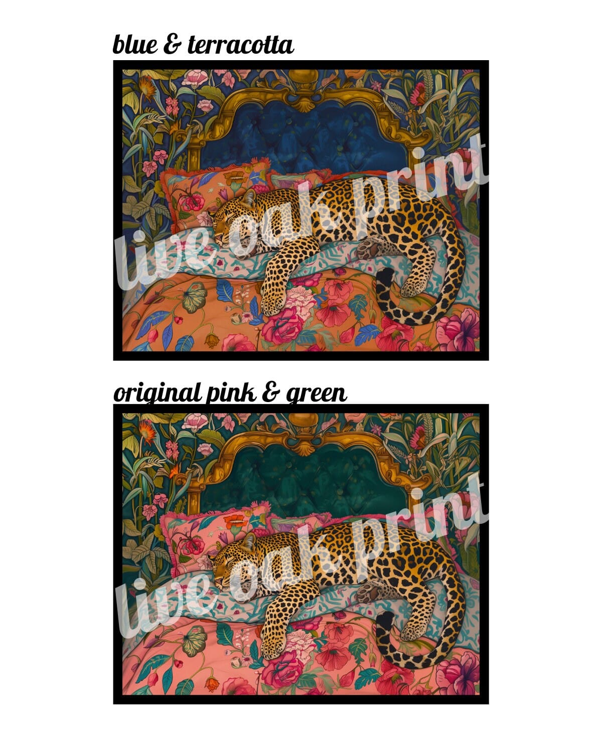 Blue & Terracotta Sleepy Leopard In a Vintage Bed