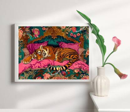Sleeping Tiger Print - Maximalist Tiger Wall Art - Tiger Bedroom Decor - Bold Animal Wall Art - Maximalist Boho Tiger Print